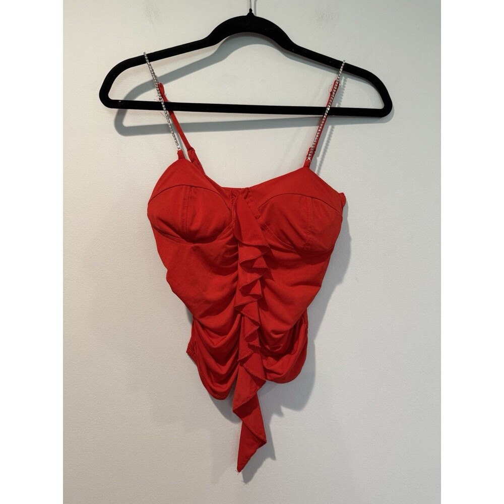 Rue 21 Ruched Top Small Y2K Adjustable Rhinestone Straps Club Party Romantic